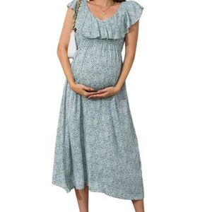 Maternity Boho Maxi Sundress - Light Green Floral Print - 2XL